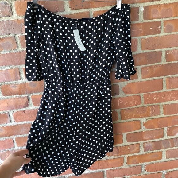 Francesca’s Blue Rain Off Shoulder Dot Romper - Picture 6 of 6